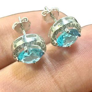925 Sterling Silver Blue White Topaz 9MM Stud Earrings For Women lab-created